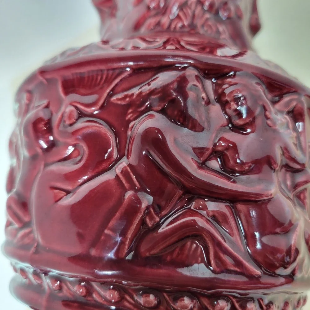 Vintage Burgundy Ceramic Pitcher Jug Relief Figures‎ Embossed Floral Design